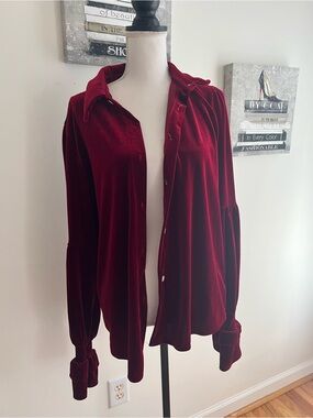Women's Velvet Button-Front Blouse - Burgundy NWT size L